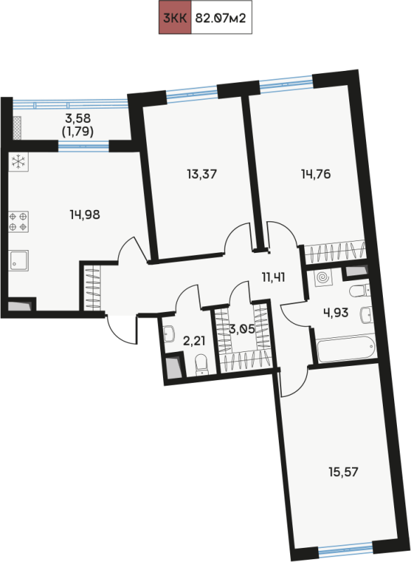 4-комнатная (Евро) квартира, 82.07 м² в ЖК "Дом Регенбоген" - планировка, фото №1