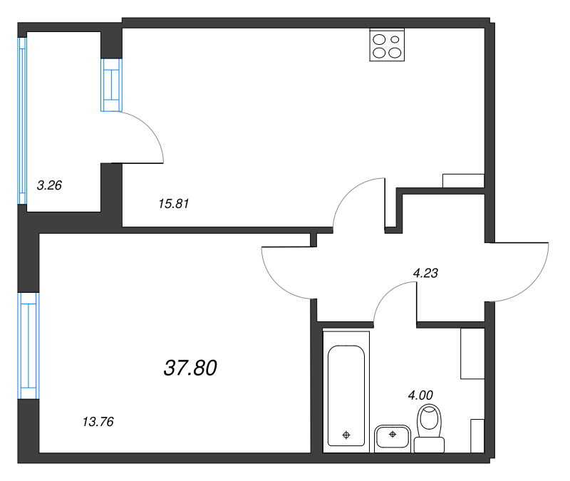 2-комнатная (Евро) квартира, 37.8 м² в ЖК "Любоград" - планировка, фото №1