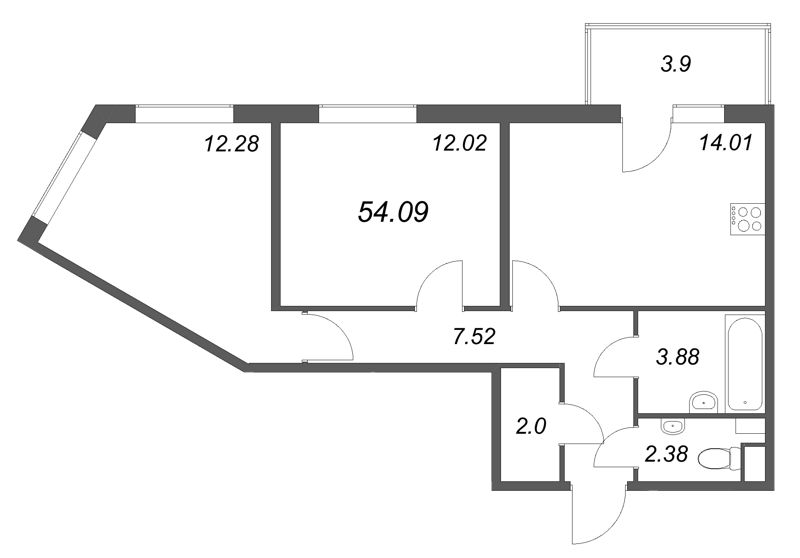 2-комнатная квартира, 54.09 м² - планировка, фото №1