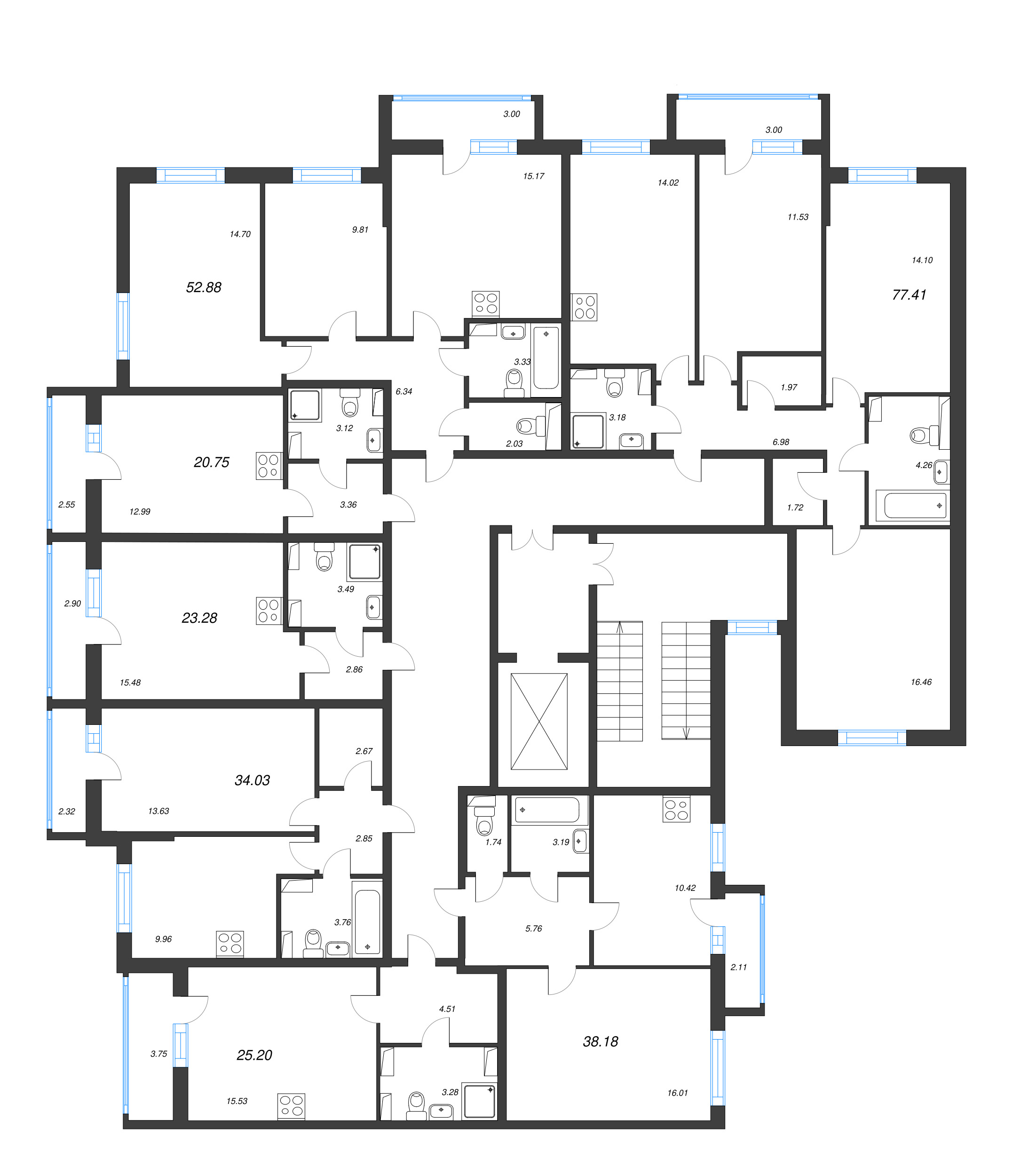 3-комнатная (Евро) квартира, 52.88 м² - планировка этажа