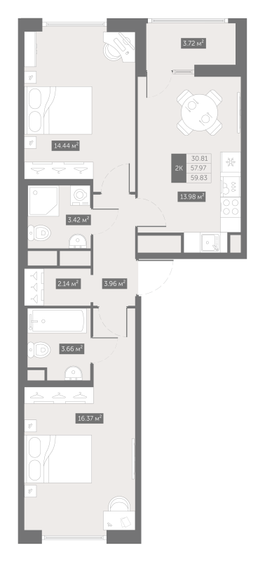 2-комнатная квартира, 59.83 м² в ЖК "UP-квартал Новый Московский" - планировка, фото №1