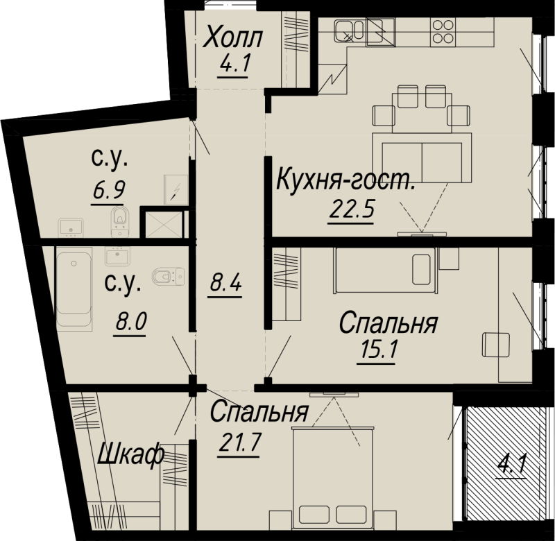 2-комнатная квартира, 88.7 м² - планировка, фото №1