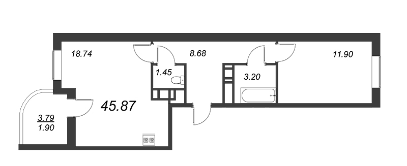 2-комнатная (Евро) квартира, 45.87 м² - планировка, фото №1