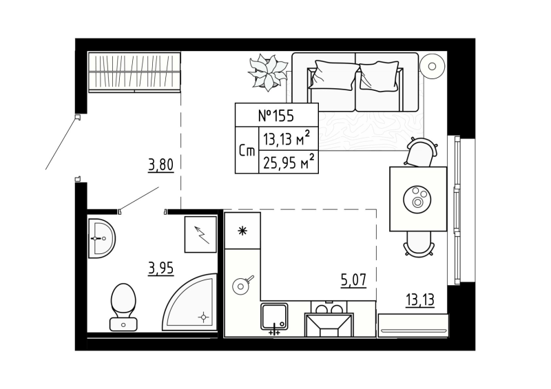 Квартира-студия, 26 м² - планировка, фото №1