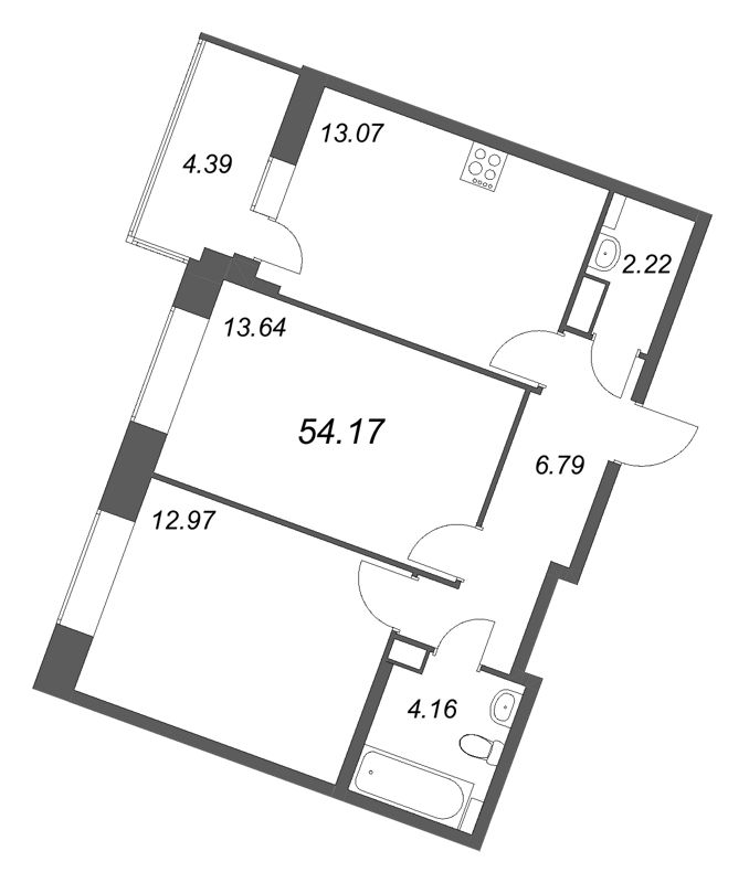 2-комнатная квартира, 54.17 м² - планировка, фото №1