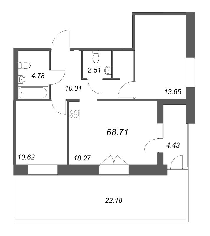 3-комнатная (Евро) квартира, 68.71 м² в ЖК "Ranta Residence" - планировка, фото №1