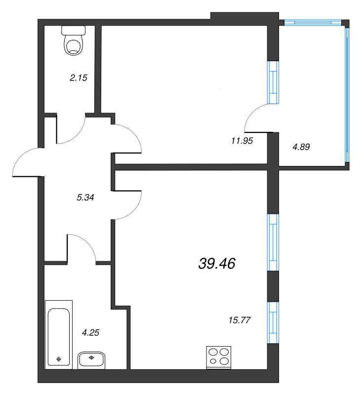 1-комнатная квартира, 39.46 м² - планировка, фото №1