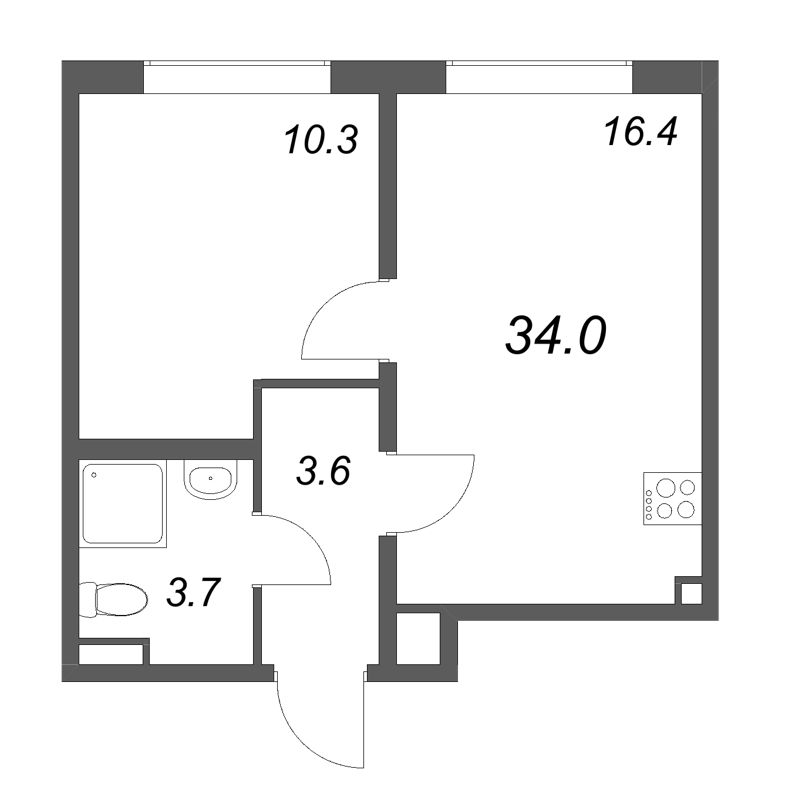 2-комнатная (Евро) квартира, 34 м² в ЖК "Пулково Lake" - планировка, фото №1