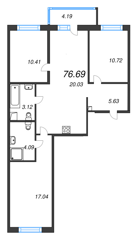 4-комнатная (Евро) квартира, 76.69 м² в ЖК "Окла" - планировка, фото №1