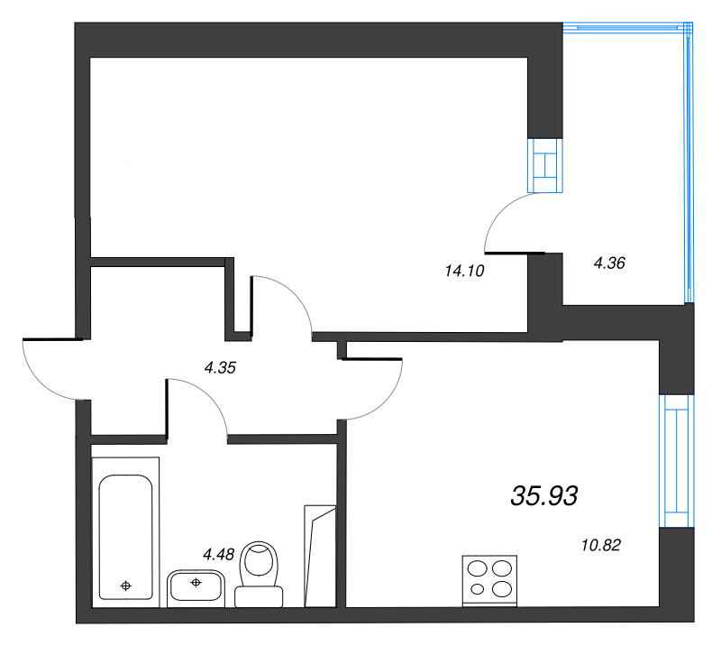 1-комнатная квартира, 35.93 м² в ЖК "IQ Гатчина" - планировка, фото №1