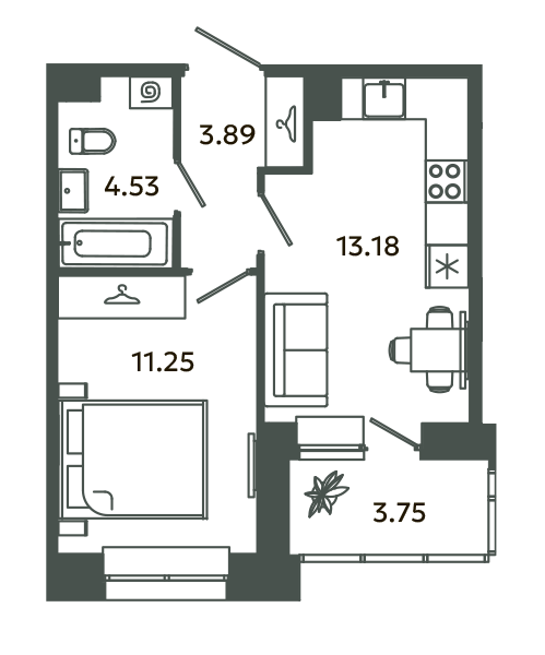 1-комнатная квартира, 34.73 м² в ЖК "Загляденье" - планировка, фото №1