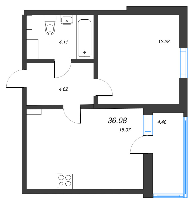 2-комнатная (Евро) квартира, 36.08 м² - планировка, фото №1