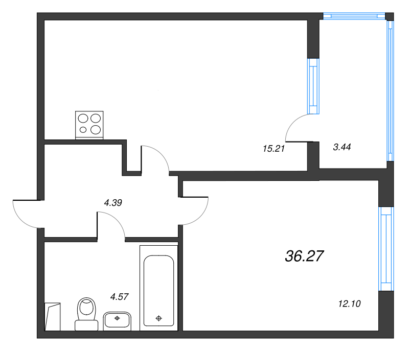 2-комнатная (Евро) квартира, 36.27 м² в ЖК "Любоград" - планировка, фото №1