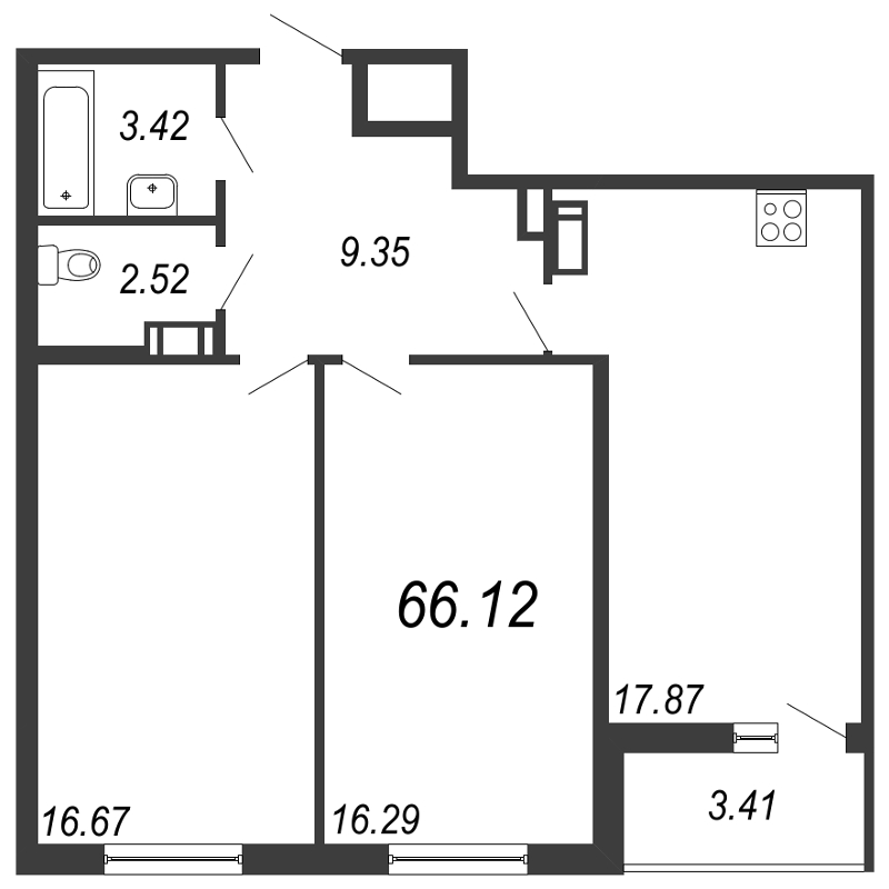 3-комнатная (Евро) квартира, 66.12 м² в ЖК "Чёрная речка" - планировка, фото №1