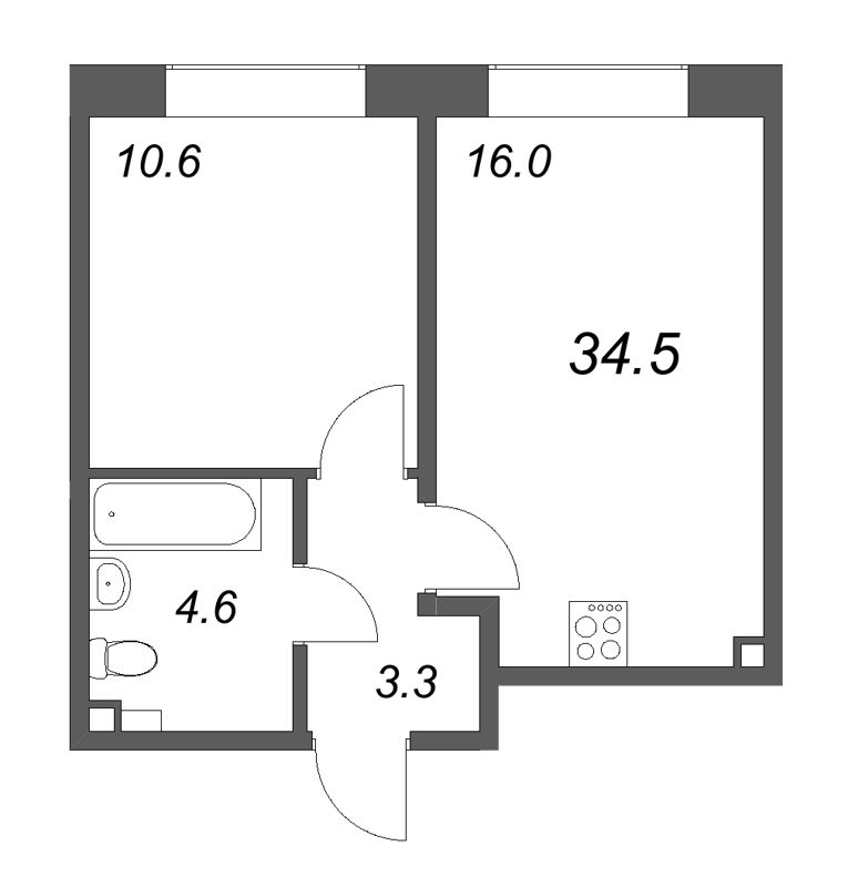 2-комнатная (Евро) квартира, 34.5 м² в ЖК "Пулково Лейк" - планировка, фото №1