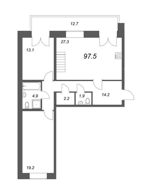 2-комнатная квартира, 96 м² - планировка, фото №1