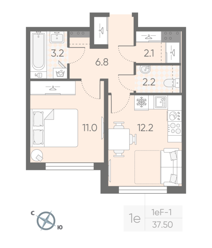1-комнатная квартира, 37.5 м² в ЖК "Пулково Lake" - планировка, фото №1
