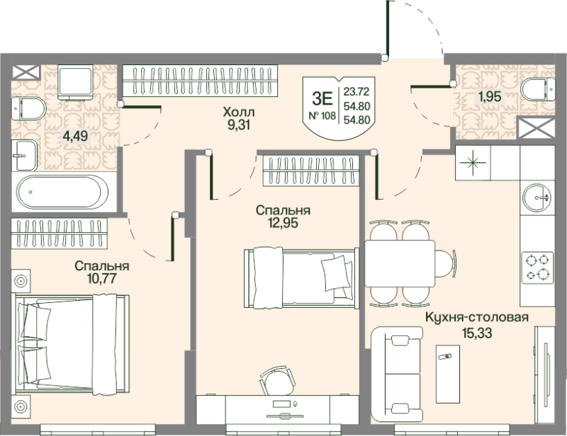 3-комнатная (Евро) квартира, 54.8 м² в ЖК "Охтинские высоты" - планировка, фото №1