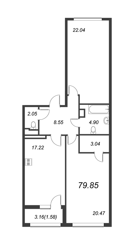 2-комнатная квартира, 79.8 м² - планировка, фото №1