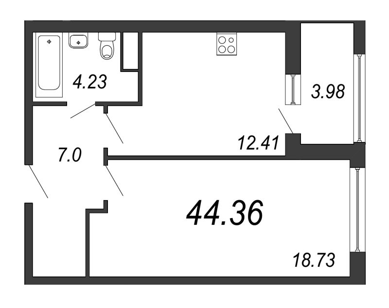 1-комнатная квартира, 44.6 м² - планировка, фото №1