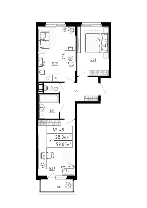 3-комнатная (Евро) квартира, 59.05 м² - планировка, фото №1
