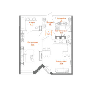 2-комнатная (Евро) квартира, 65.2 м² в ЖК "Monodom Line" - планировка, фото №1