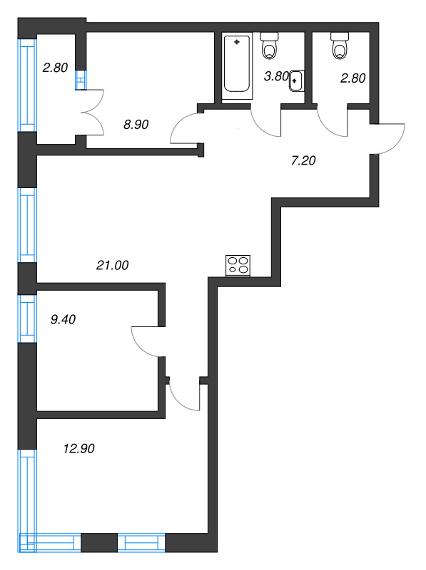 4-комнатная (Евро) квартира, 67.42 м² - планировка, фото №1