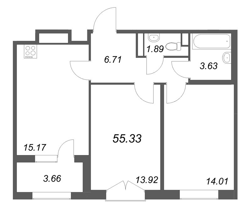 3-комнатная (Евро) квартира, 55.33 м² в ЖК "Дубровский" - планировка, фото №1