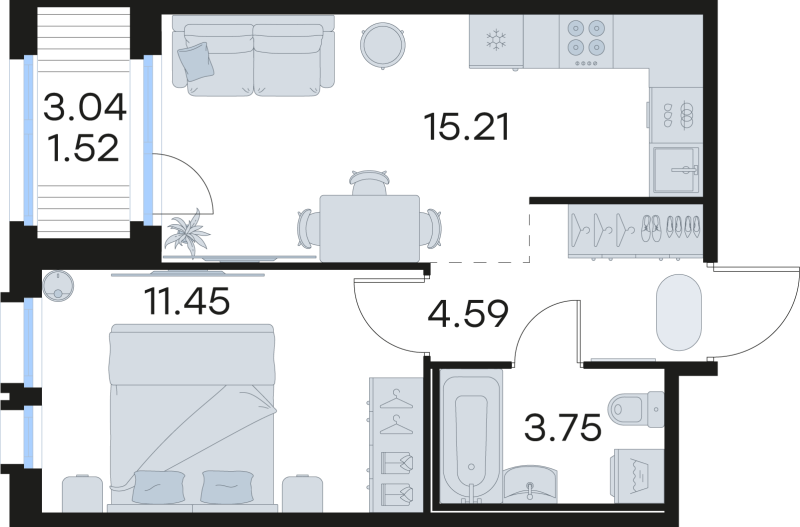 2-комнатная (Евро) квартира, 36.52 м² в ЖК "GloraX Парголово" - планировка, фото №1