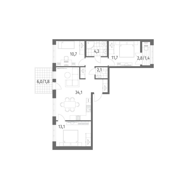 3-комнатная квартира, 79.2 м² - планировка, фото №1
