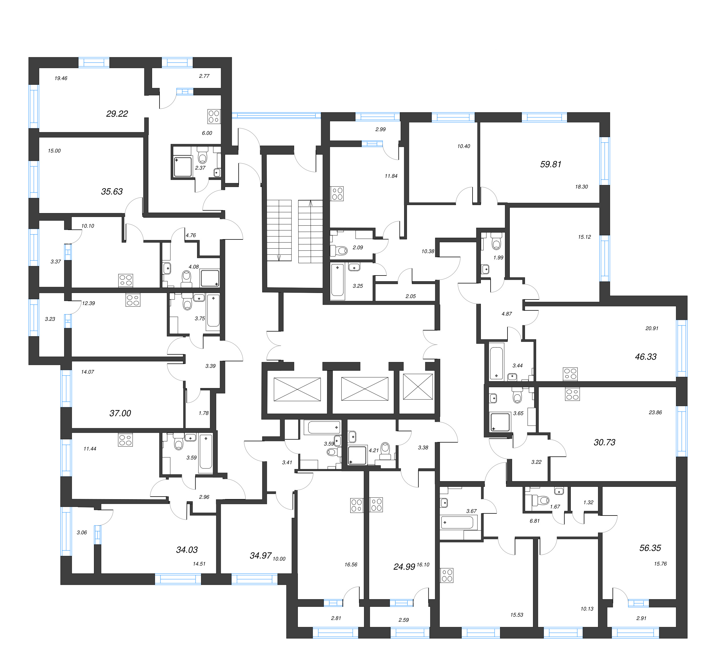 1-комнатная квартира, 34.03 м² в ЖК "БелАрт" - планировка этажа