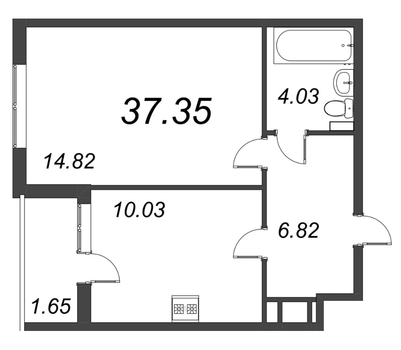 1-комнатная квартира, 37.35 м² - планировка, фото №1