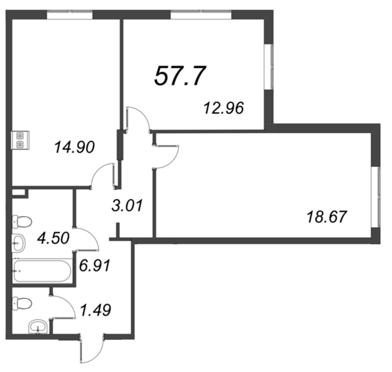 3-комнатная (Евро) квартира, 57.7 м² в ЖК "VEREN NORT сертолово" - планировка, фото №1