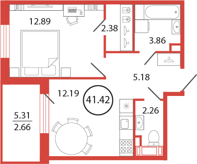 1-комнатная квартира, 41.42 м² - планировка, фото №1