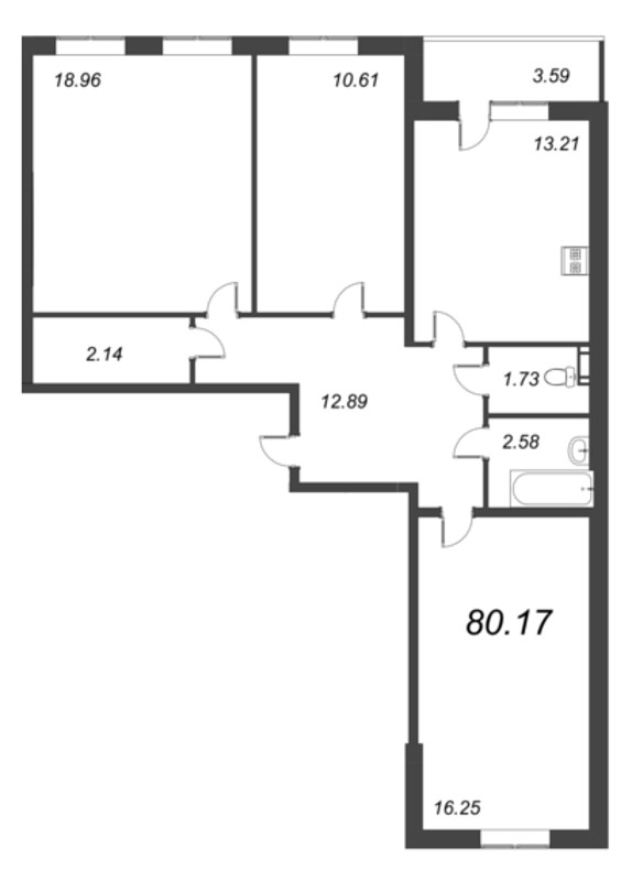 3-комнатная квартира, 80.17 м² - планировка, фото №1