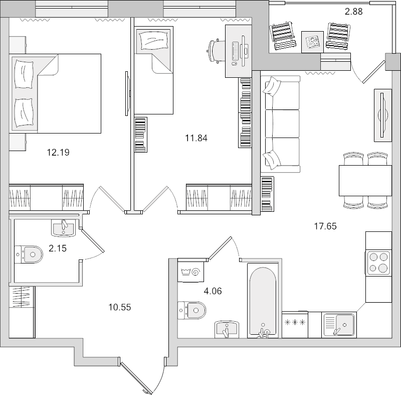 3-комнатная (Евро) квартира, 57.5 м² - планировка, фото №1