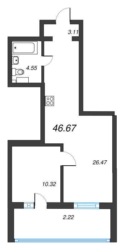 1-комнатная квартира, 46.67 м² - планировка, фото №1