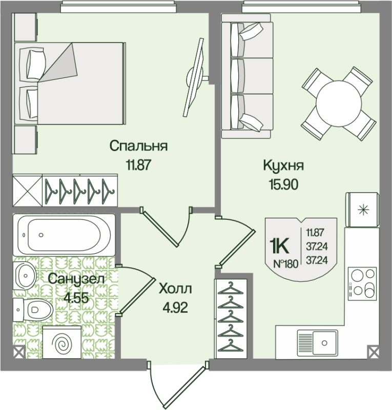 2-комнатная (Евро) квартира, 37.24 м² в ЖК "Охтинские высоты" - планировка, фото №1