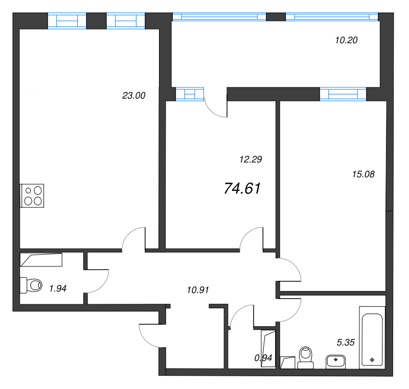 3-комнатная (Евро) квартира, 74.9 м² в ЖК "Cube" - планировка, фото №1