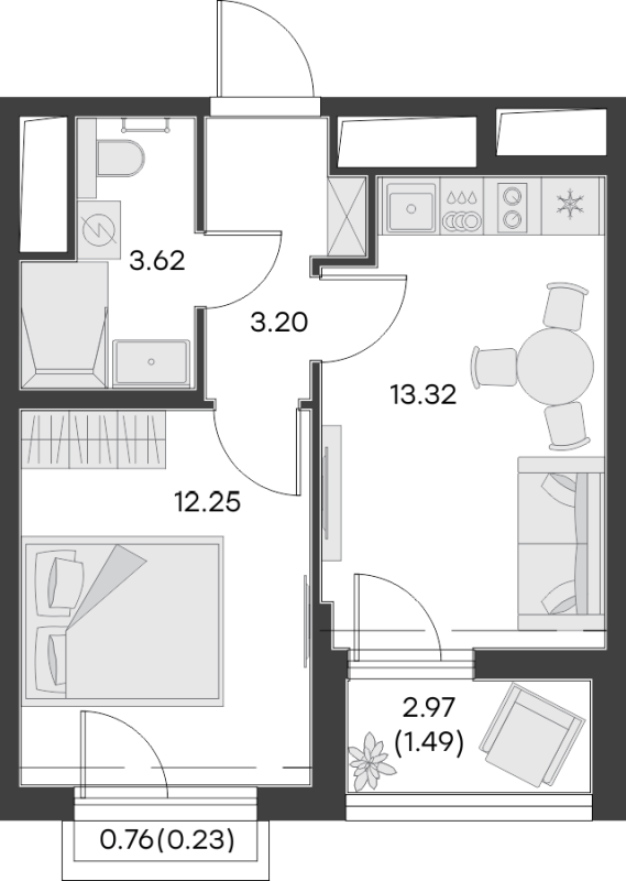 1-комнатная квартира, 35.7 м² - планировка, фото №1