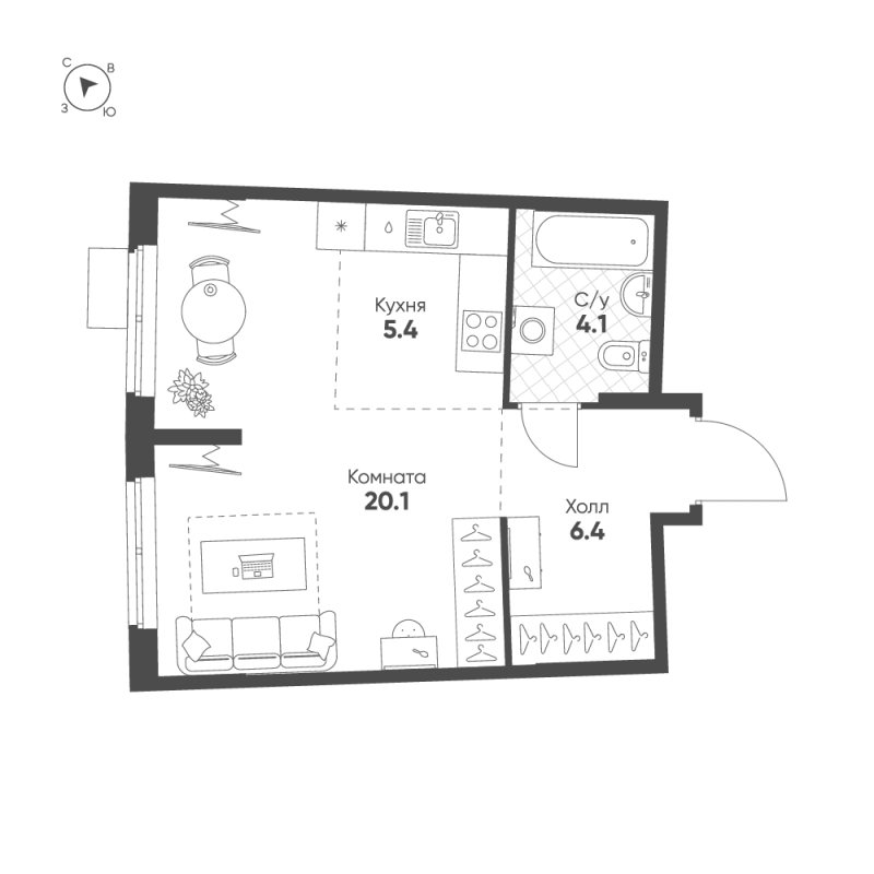 Квартира-студия, 36 м² в ЖК "Ягодное Река Парк" - планировка, фото №1