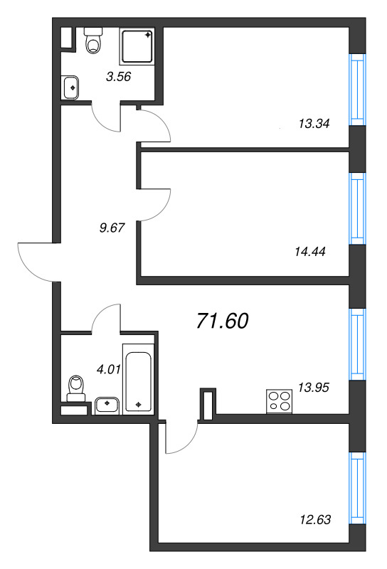 3-комнатная квартира, 71.6 м² - планировка, фото №1