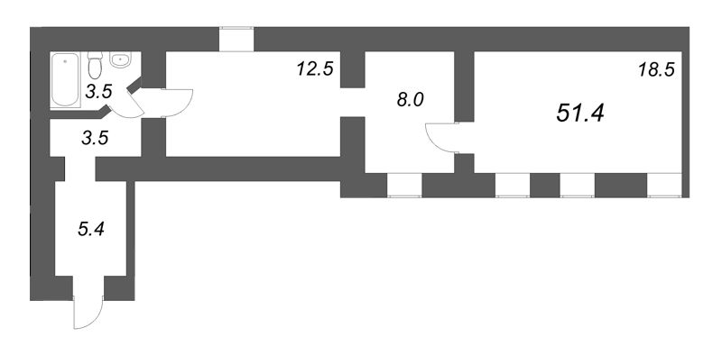 1-комнатная квартира, 51.4 м² в ЖК "Дом купца Злобина" - планировка, фото №1