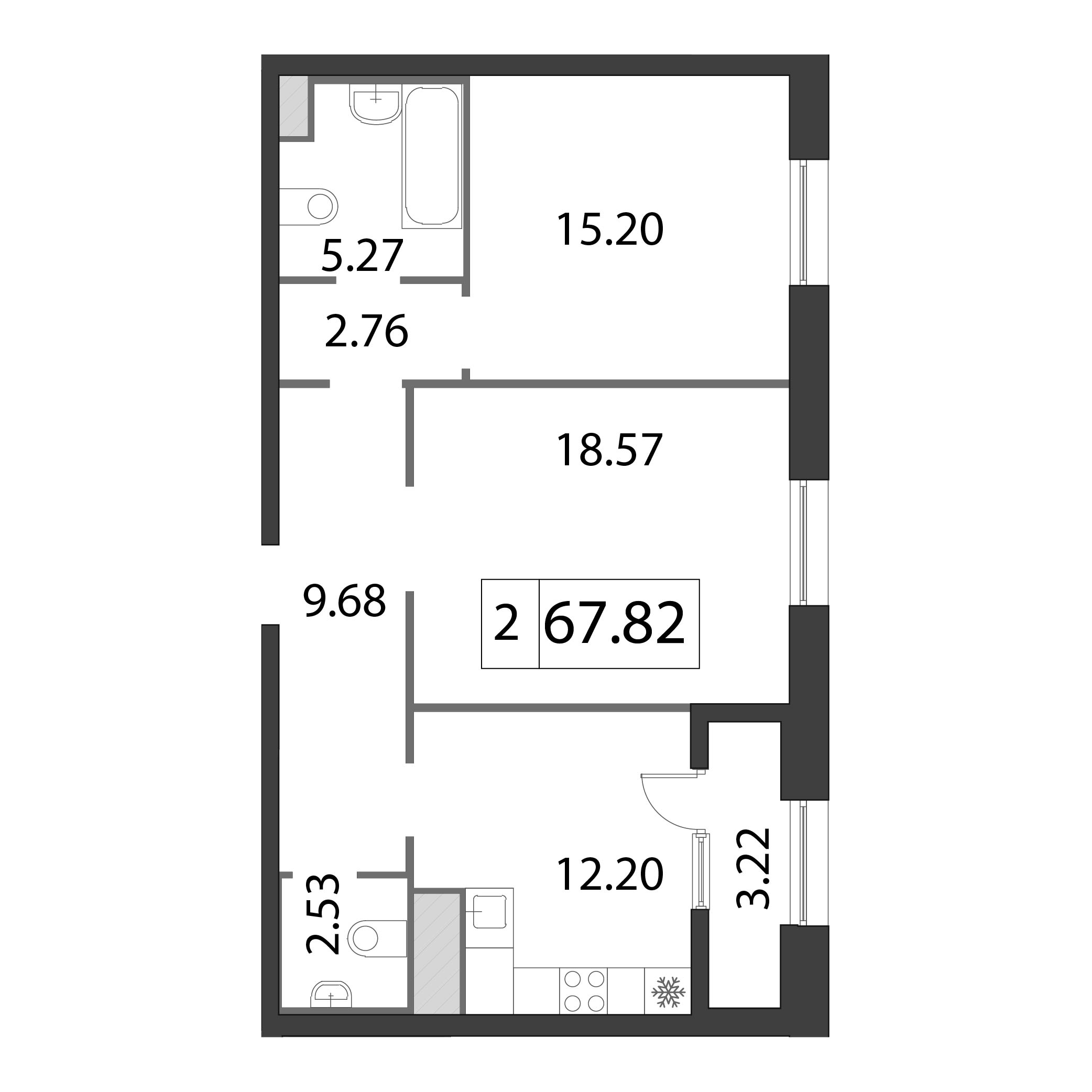 2-комнатная квартира, 67.9 м² - планировка, фото №1