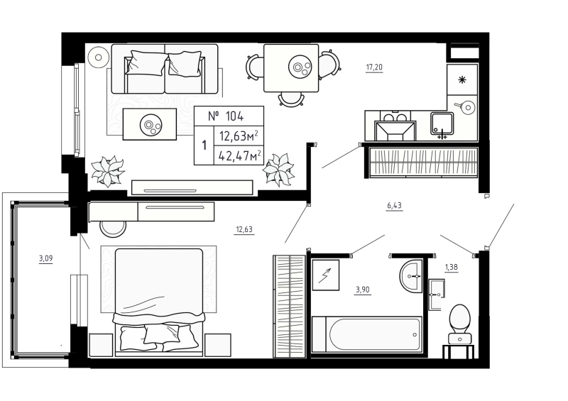 2-комнатная (Евро) квартира, 42.47 м² - планировка, фото №1