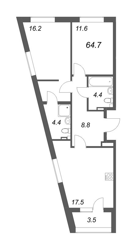 3-комнатная (Евро) квартира, 64.4 м² - планировка, фото №1