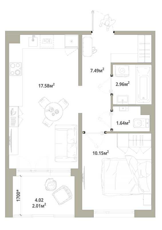 2-комнатная (Евро) квартира, 41.83 м² в ЖК "Тишин" - планировка, фото №1