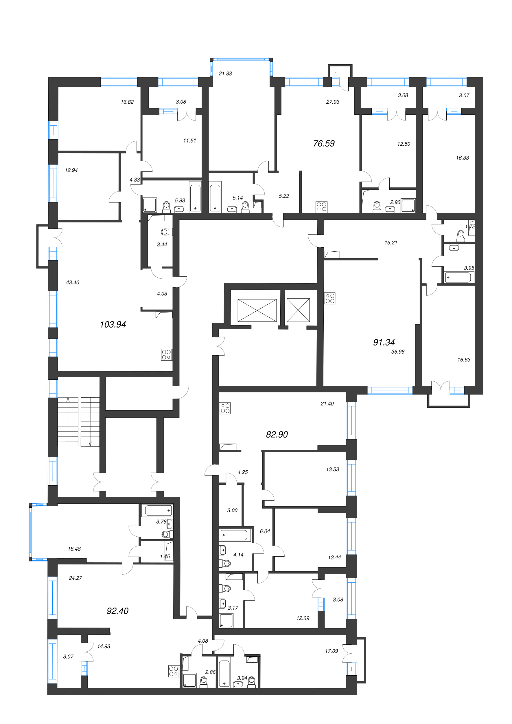 3-комнатная (Евро) квартира, 96.3 м² - планировка этажа