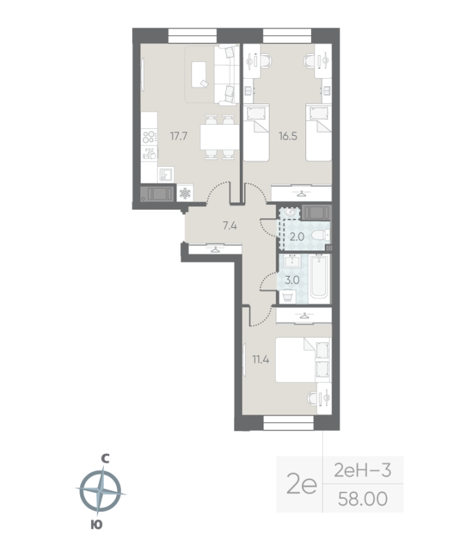 3-комнатная (Евро) квартира, 58 м² в ЖК "Большая Охта" - планировка, фото №1