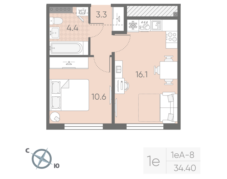 2-комнатная (Евро) квартира, 34.4 м² в ЖК "Пулково Lake" - планировка, фото №1